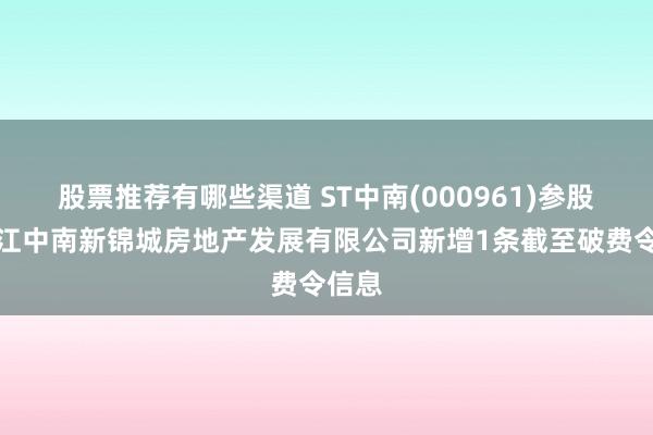 股票推荐有哪些渠道 ST中南(000961)参股的镇江中南新锦城房地产发展有限公司新增1条截至破费令信息