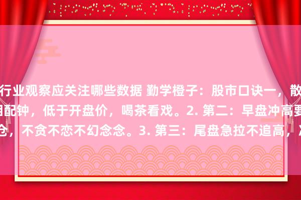 行业观察应关注哪些数据 勤学橙子：股市口诀一，散户铭记:1. 第一：开盘相配钟，低于开盘价，喝茶看戏。2. 第二：早盘冲高要减仓，不贪不恋不幻念念。3. 第三：尾盘急拉不追高，次日回调会被套。4.&n...